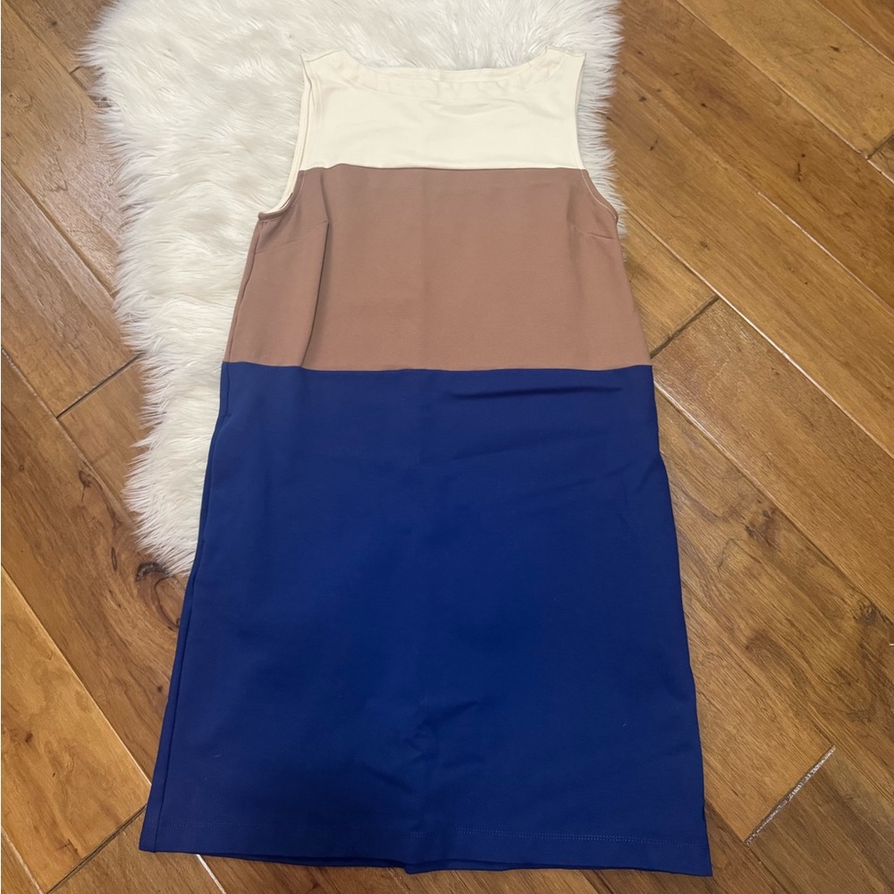 Betabrand Tri-Tone Midi Dress - Cream, Brown, Blue